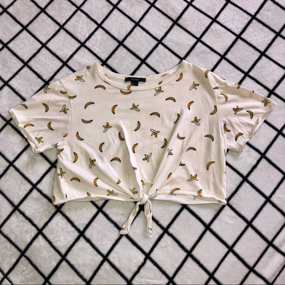 Forever 21 Banana Print Tie-off Crop Top